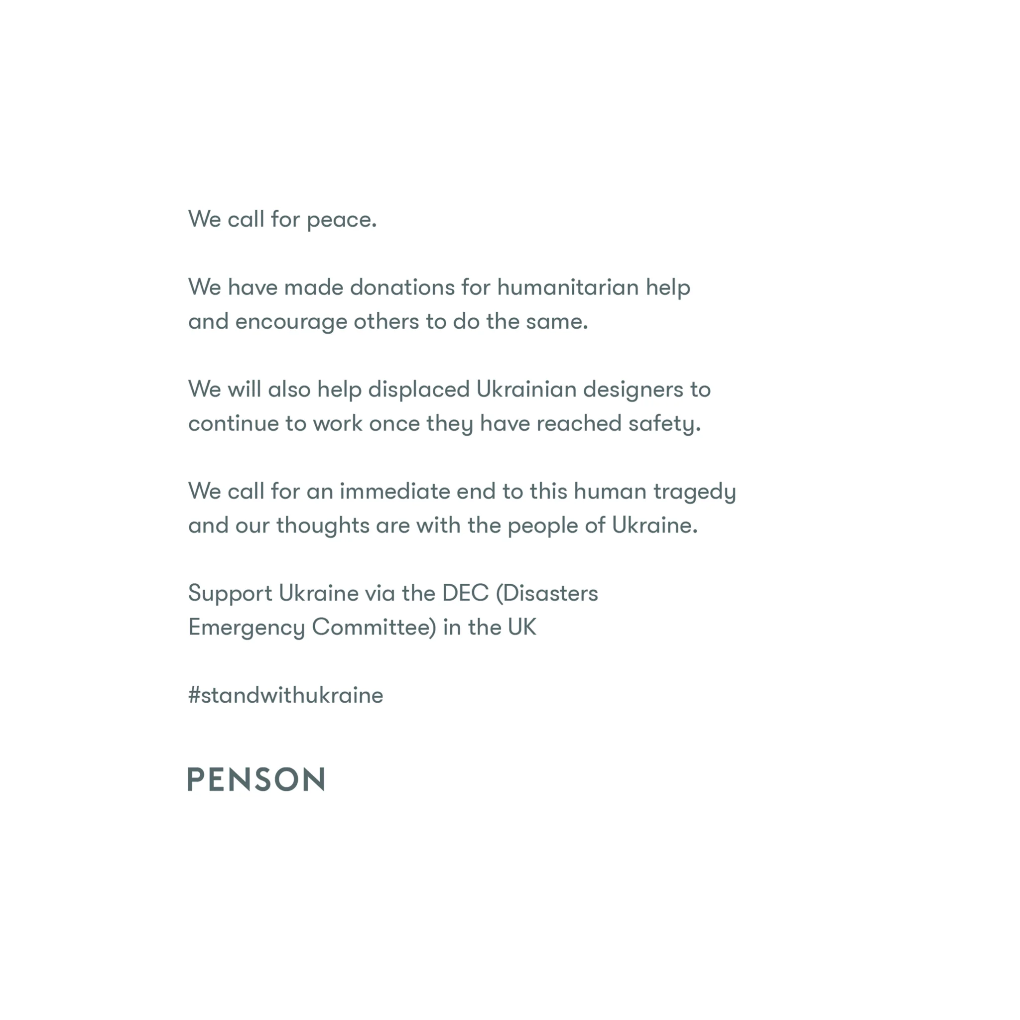 A white background with black text stating PENSON's stance on the current situation in Ukraine