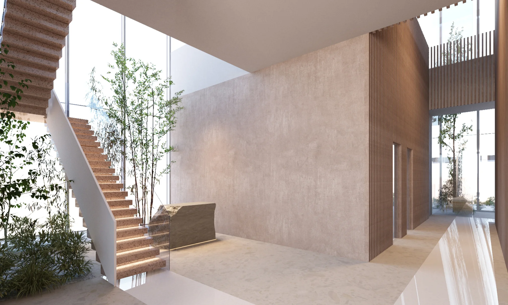 secondary reception with desk, staircase and plants