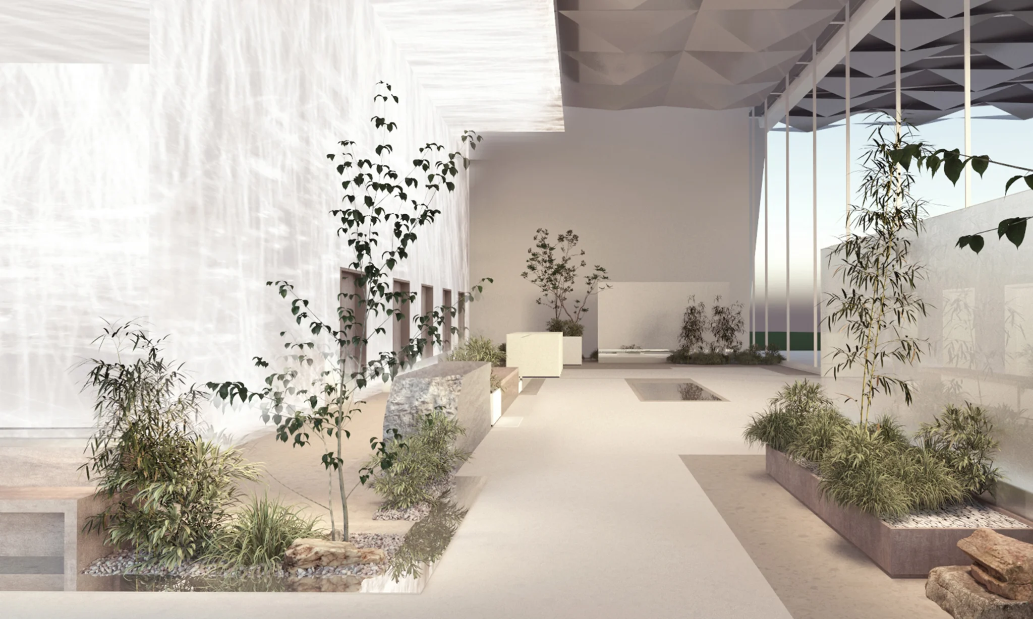 reception area with plants and big digital screens