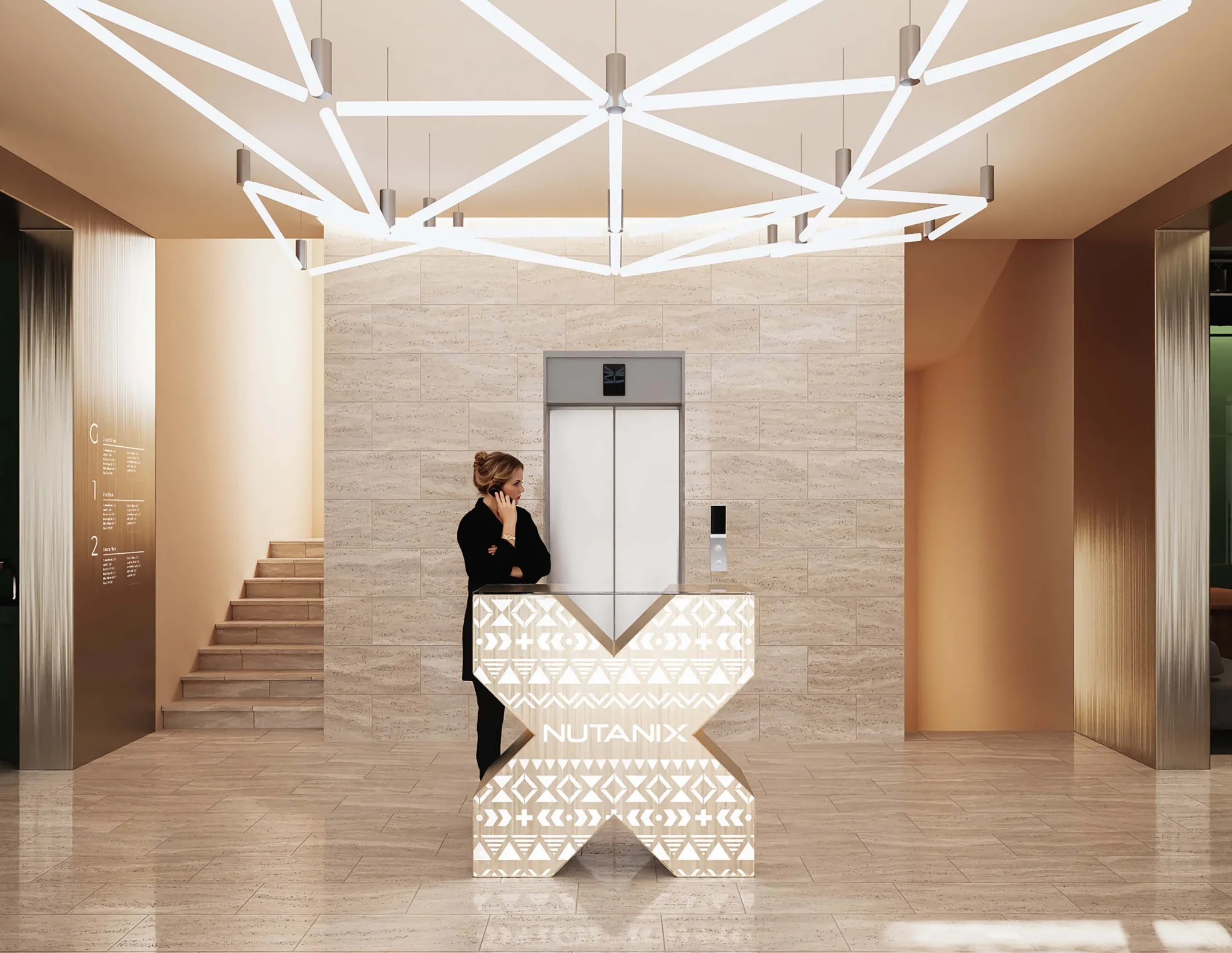 Nutanix reception featuring an X-shaped desk and illuminated geometric ceiling