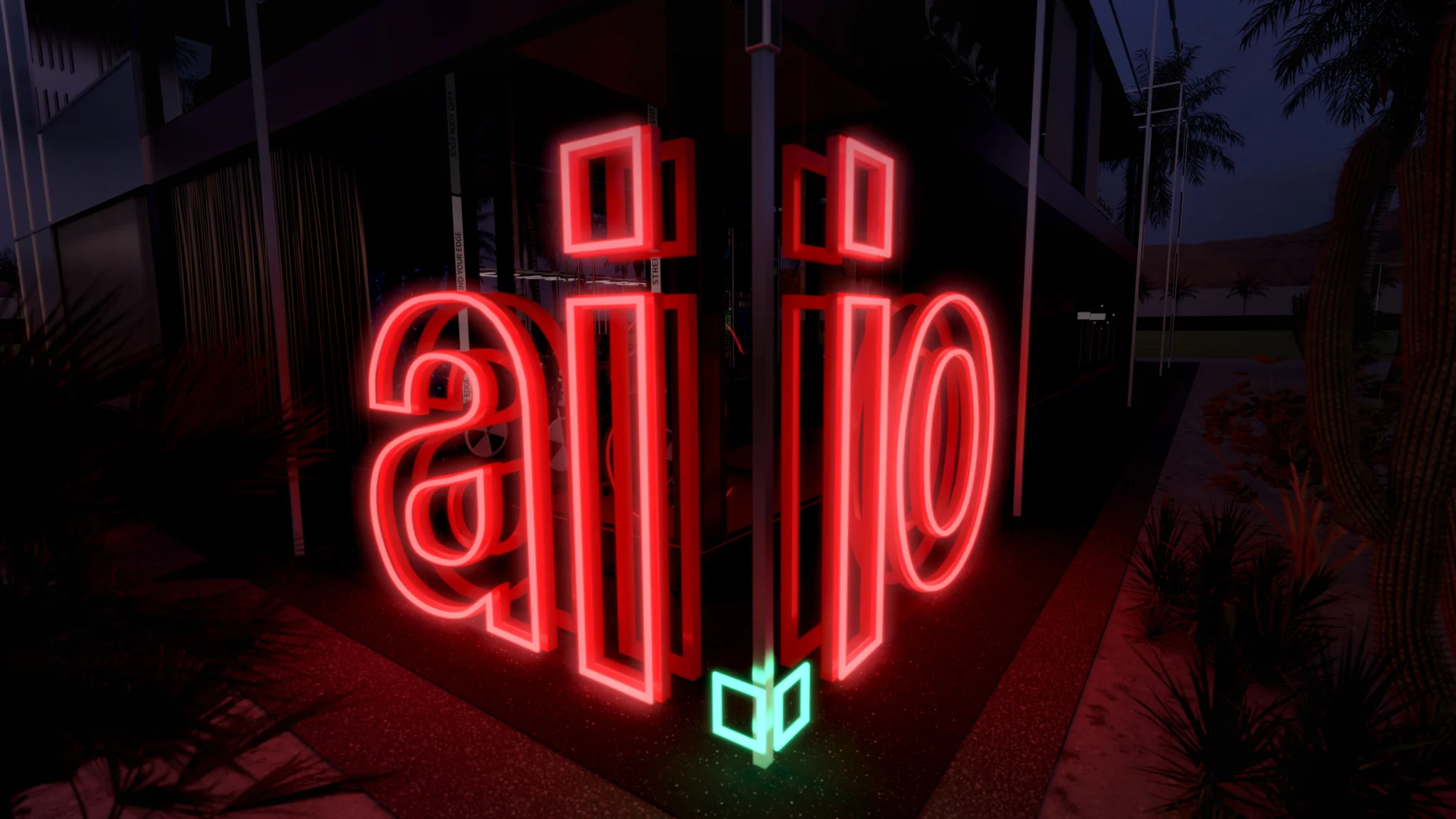 Illuminated AI.IO branding at the Coachella sports technology experience