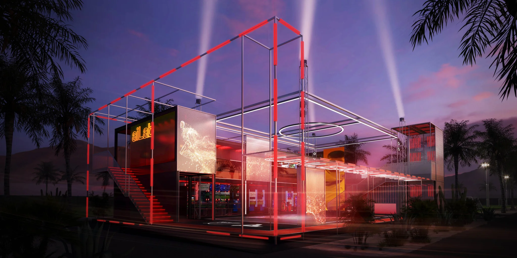 AI.IO Coachella sports technology installation illuminated at dusk