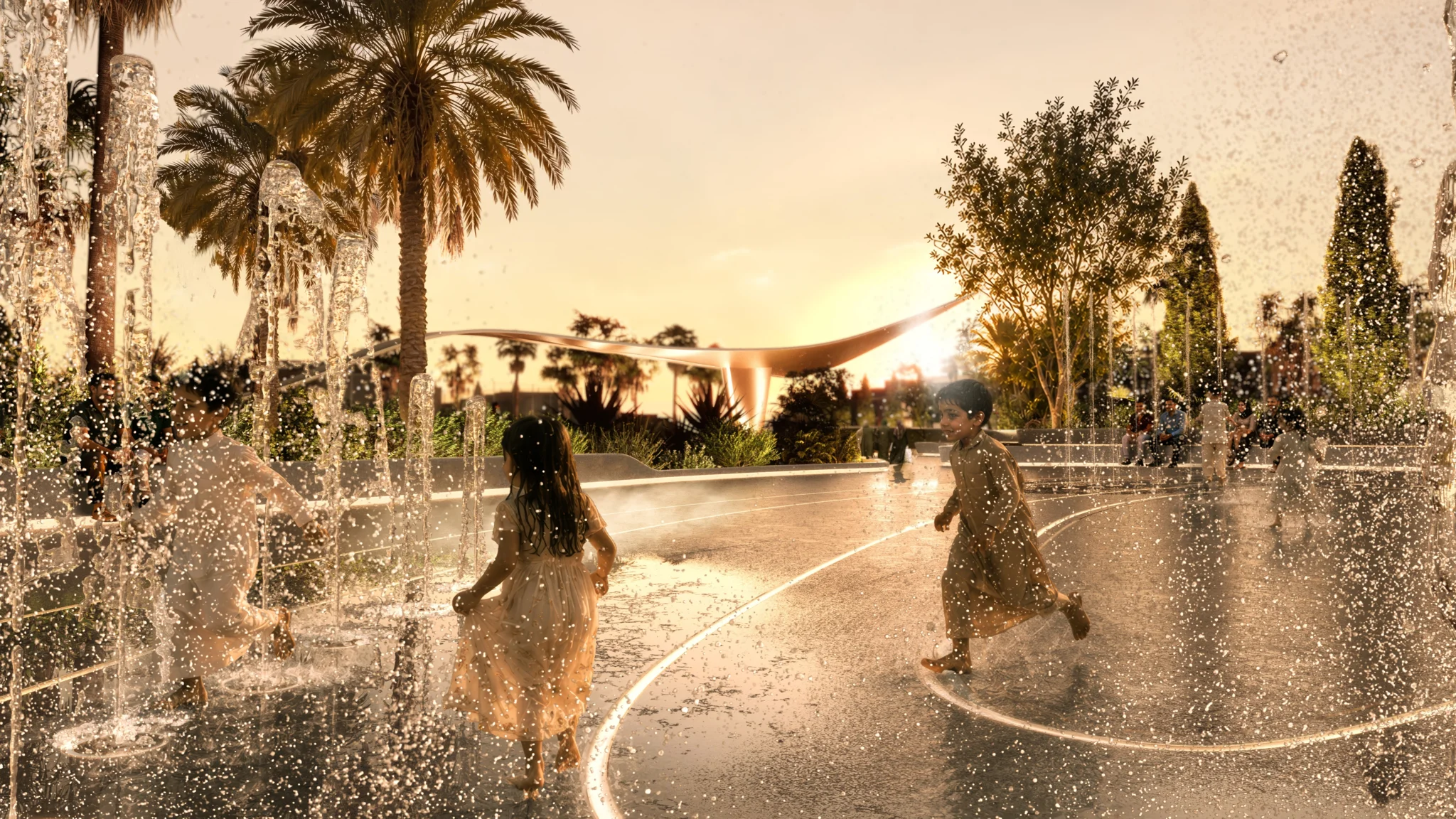 Concept visual of a landscaped boulevard with water features, palm trees and public spaces