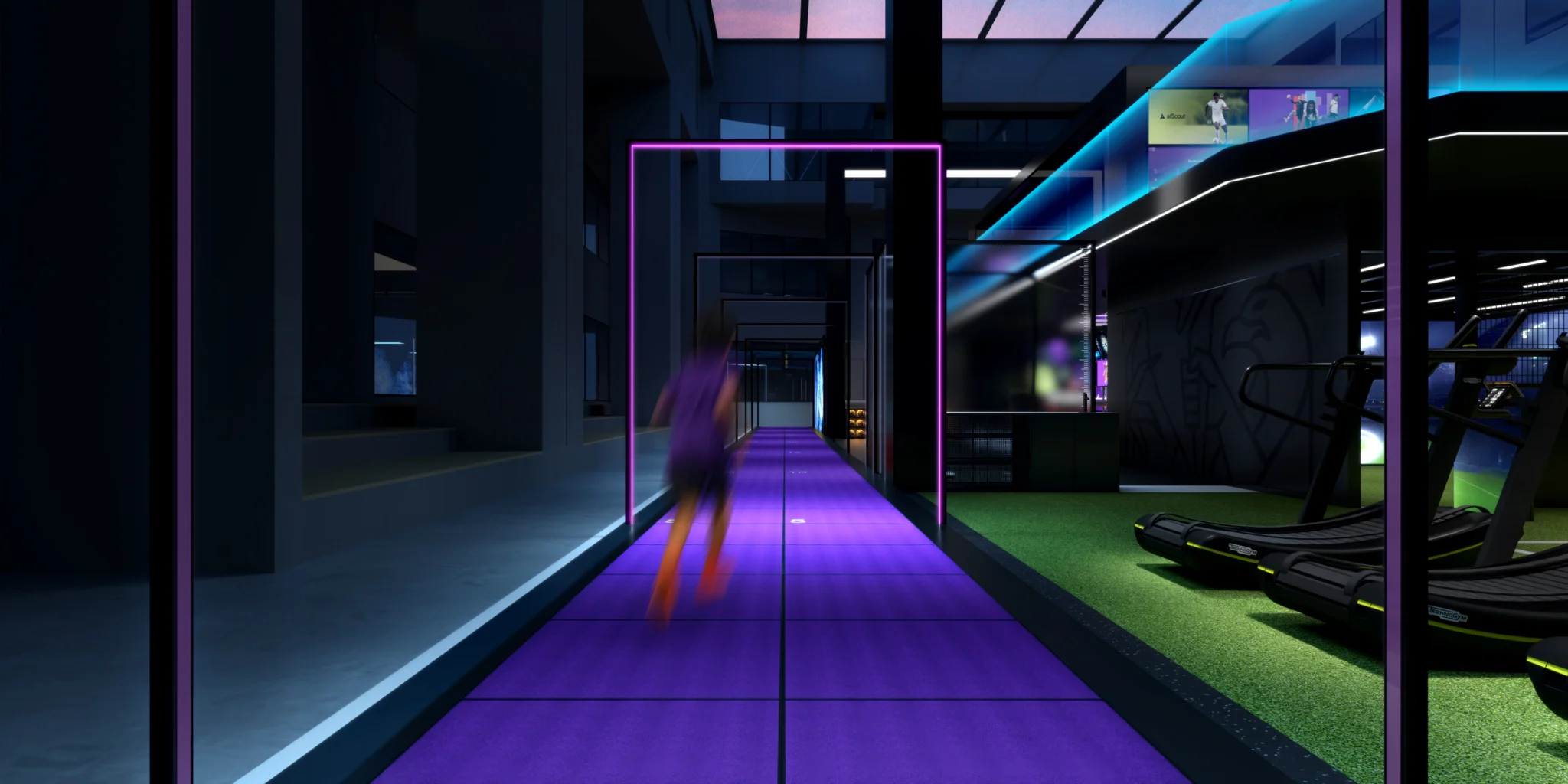 Athlete sprint testing lane inside the AI.IO sports lab at MAHD