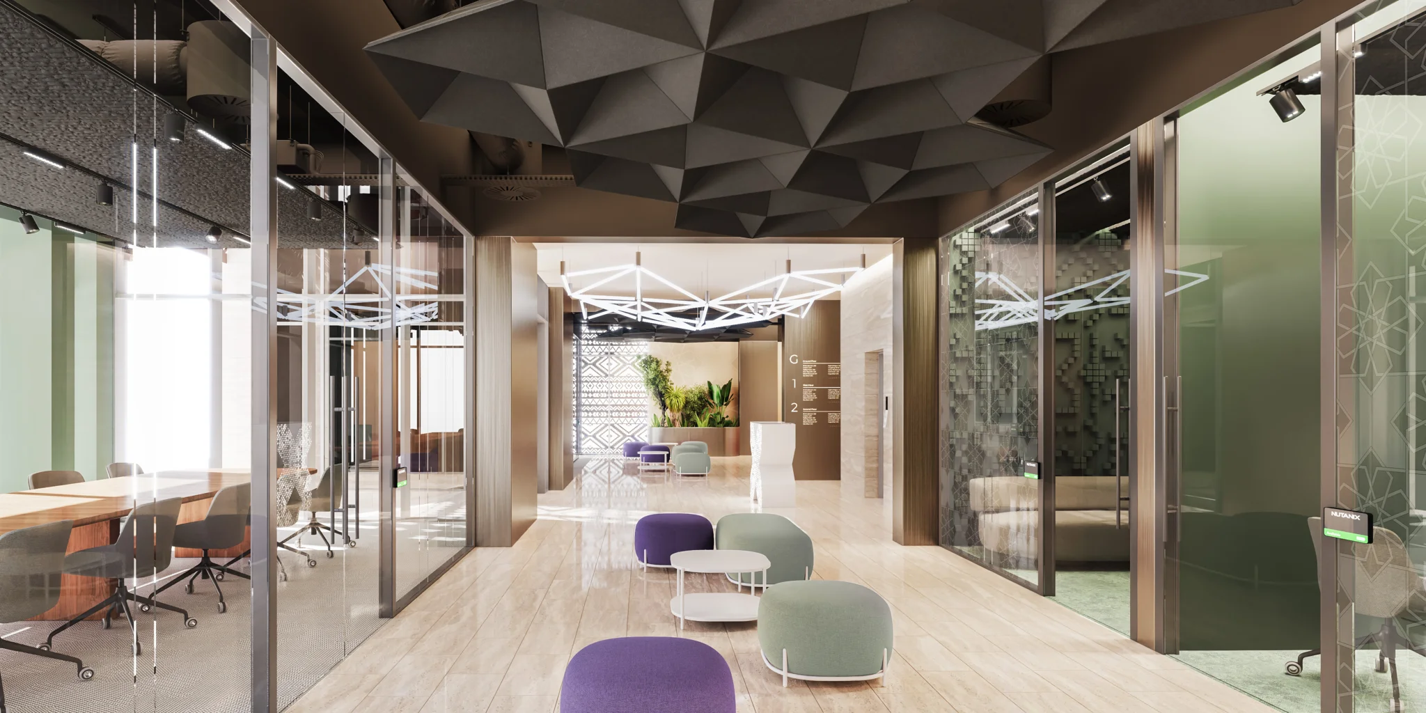 Flexible Nutanix workplace with collaborative seating and glazed meeting rooms