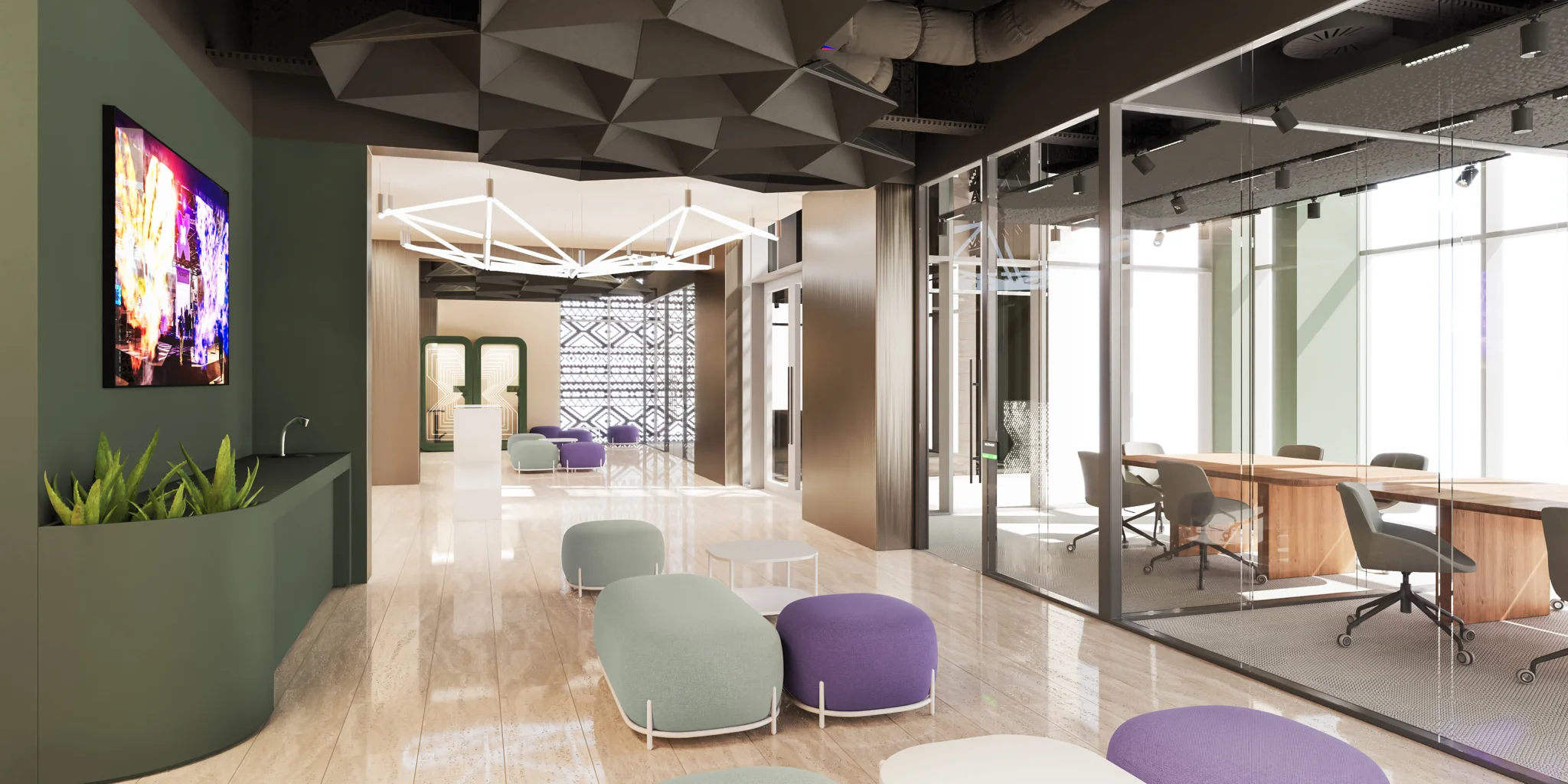 Open Nutanix workspace with informal seating, meeting rooms and brand details