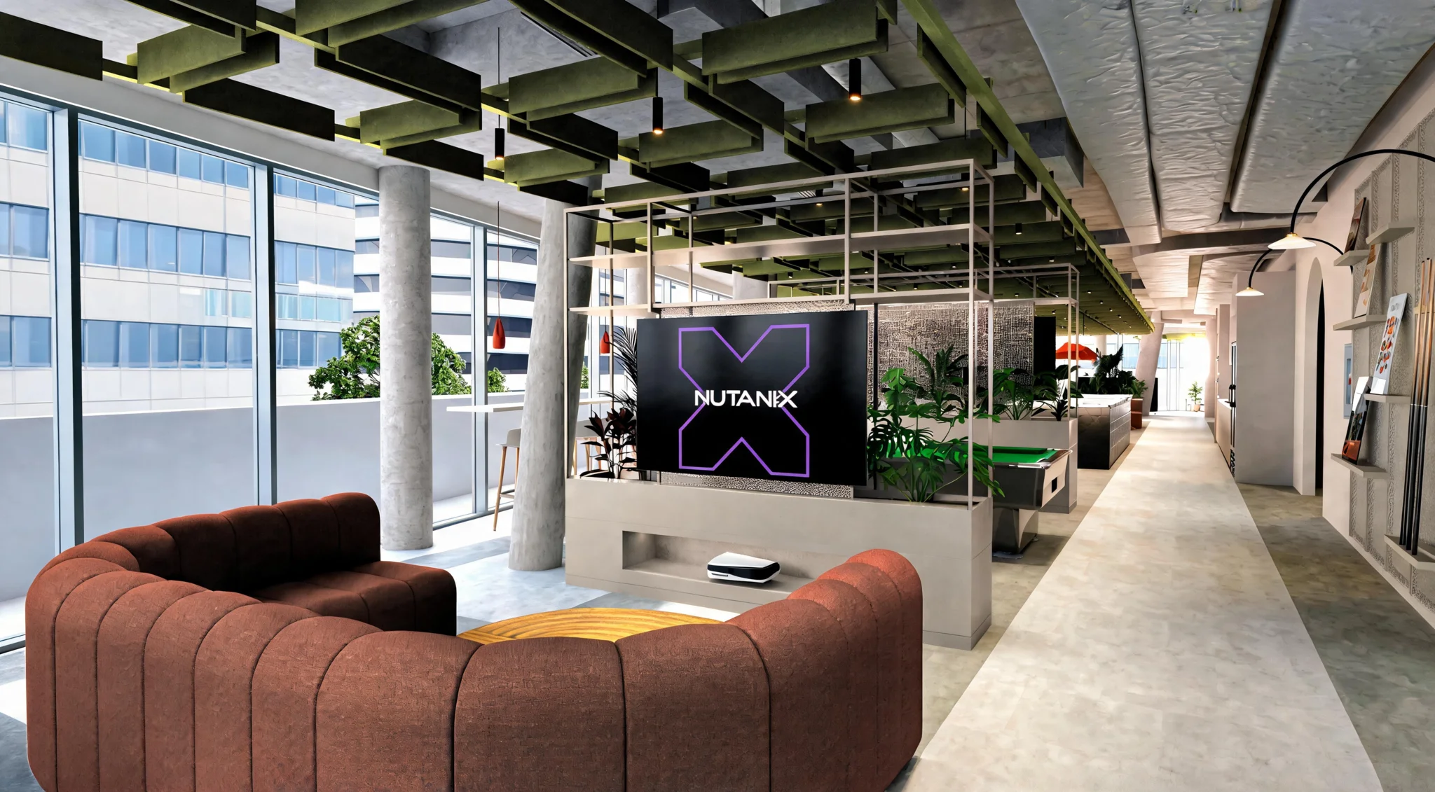 Collaborative Nutanix workspace with curved seating, planting and digital display