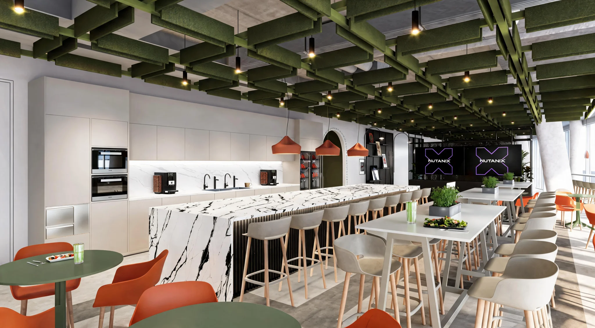 Nutanix café and collaboration space with communal tables and integrated planting