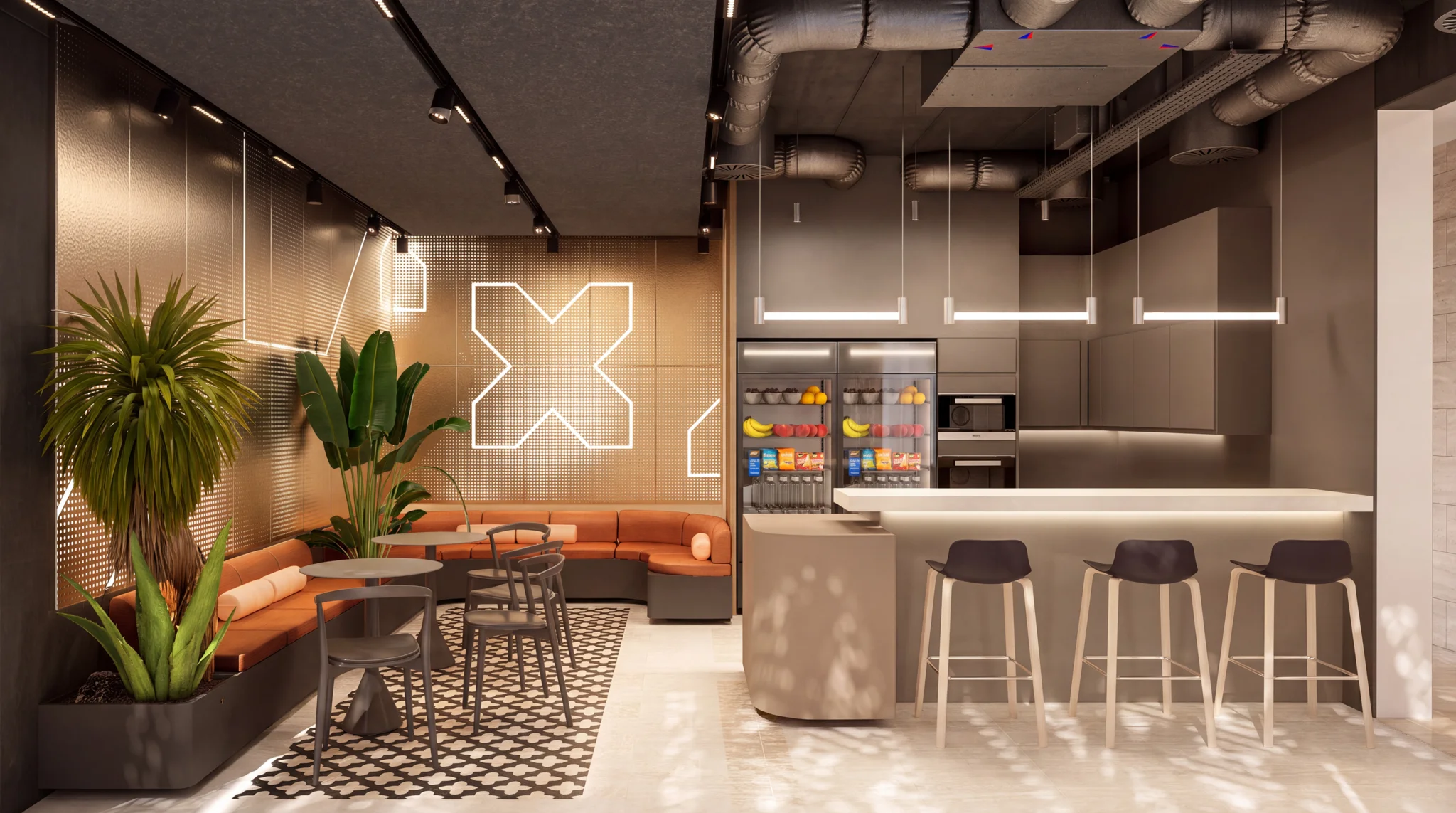 Nutanix social space with kitchen, communal seating and illuminated X branding