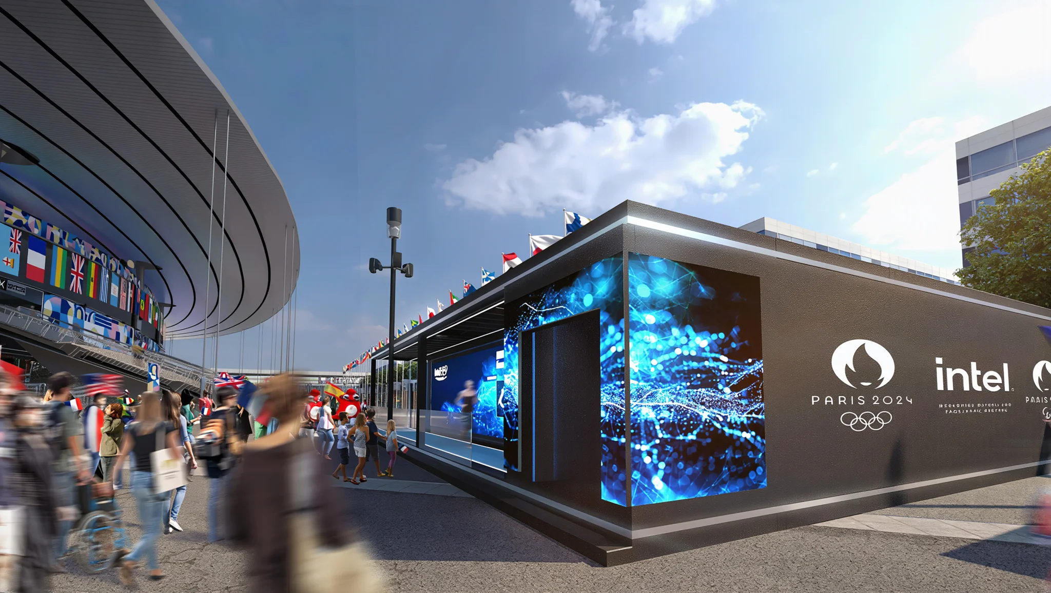 Exterior of the Intel AI Platform Experience at Paris 2024 outside the Stade de France